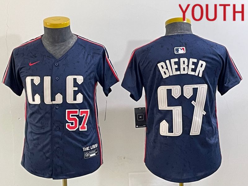 Youth Cleveland Indians #57 Bieber Blue City Edition Nike 2024 MLB Jersey style 2